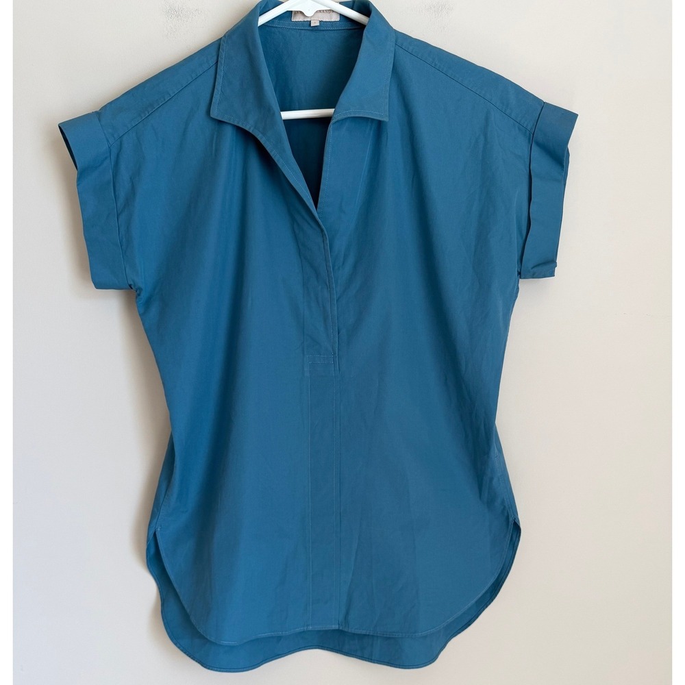 Sarah Alexandra Blue Cotton Cap Sleeve Shirt Button Down Popover Sz S